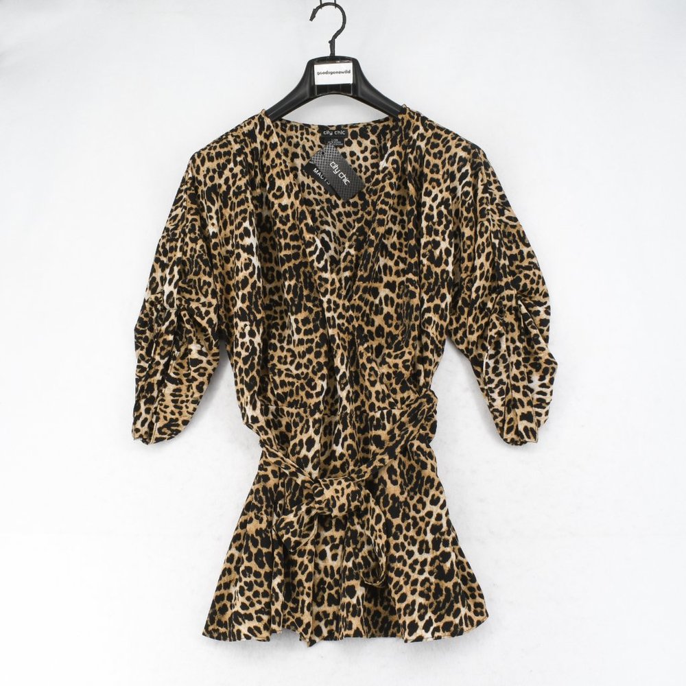 City Chic Women Leopard-Print Faux-Wrap Top Blouse - Picture 3 of 9